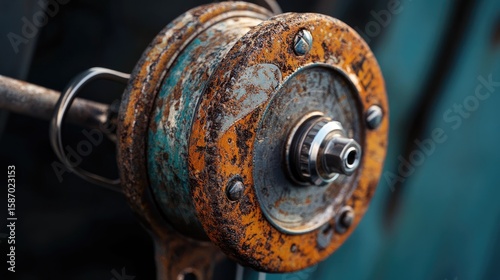 Close-up of a Weathered and Rusted Vintage Fishing Reel, Showing Signs of Age and Disuse