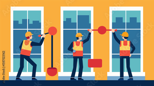 The rhythmic tapping of rubber mallets as workers ensure each window is flush against the building and secure.. Vector illustration