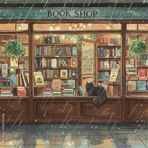 Book shop with a cat at the window 