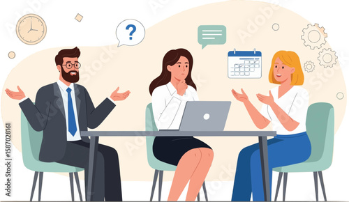 Diverse business team collaborating on a project with a laptop and calendar