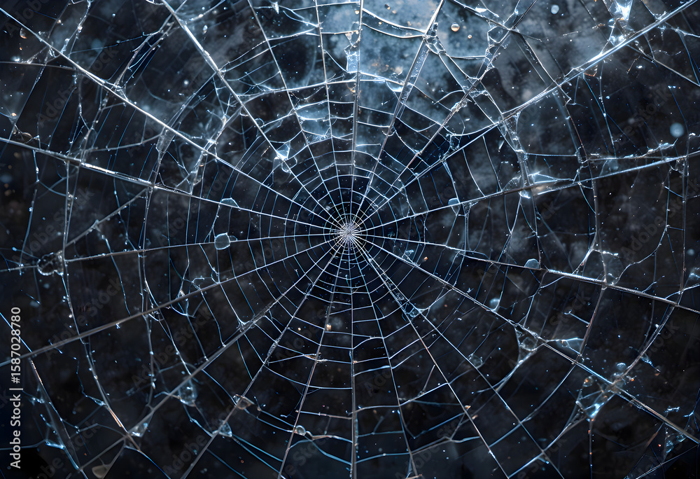 Fototapeta premium Close-up view of cracked ice forming an intricate web pattern over dark, cold water surface, highlighting frozen texture and natural cold environment