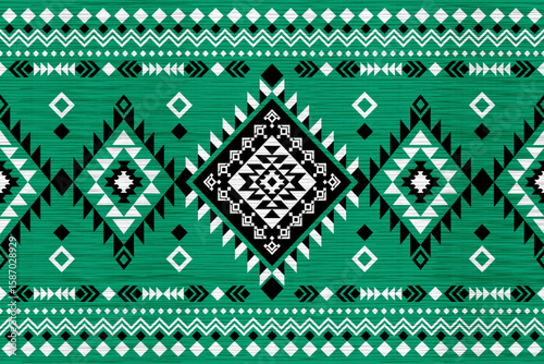 seamless geometric pattern. Native American, ethnic geometric abstract pattern on green color, illustrator pattern design for carpet, home, decorative, silk, fabric, scraft, texture.