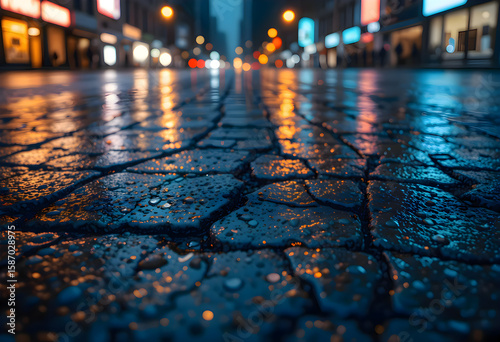Wallpaper Mural Wet sidewalk in urban city scene at night, reflecting colorful city lights on the damp pavement with moody atmosphere Torontodigital.ca