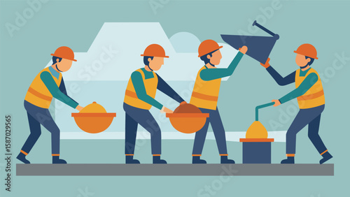 The pouring of the concrete is like a choreographed dance with each worker knowing their role and moving seamlessly to ensure the foundation is poured. Vector illustration