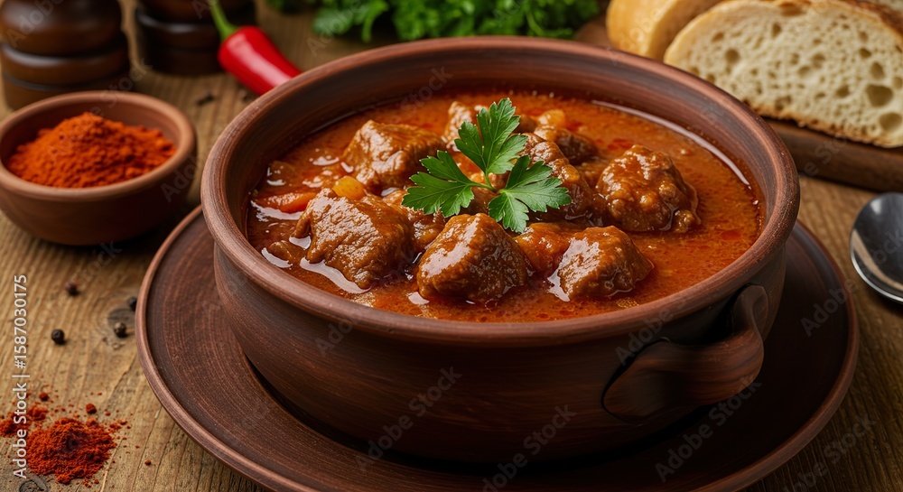 A bowl of rich, hearty beef stew, garnished with parsley, sits on a wooden table alongside bread, paprika, and a red chili pepper. A bowl of rich, hearty beef stew, garnished with parsley, sits on a wooden table alongside bread, paprika, and a red chili pepper.