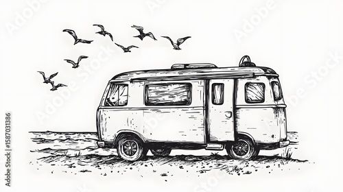 Vintage camper van at the beach, illustrated in ink.