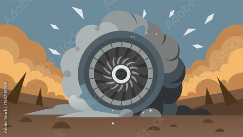 Thick plumes of dust and debris billow out from behind the rotating blades of the tunnel boring machine.. Vector illustration