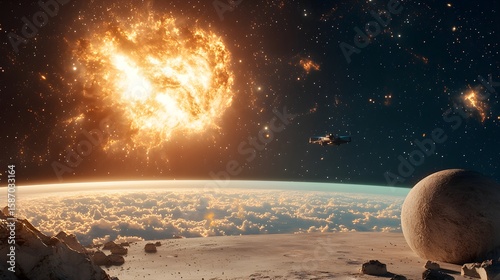 Fototapeta Naklejka Na Ścianę i Meble -  Vintage Space Station Silhouette at Sunset