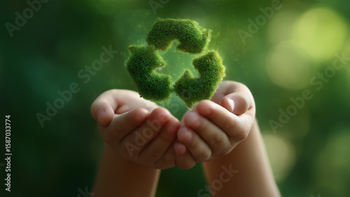 Child Holding Glowing Moss Recycle Symbol in Forest Light