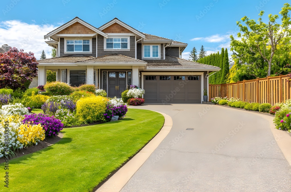 Fototapeta premium A well-maintained home with a landscaped driveway and colorful flowerbeds.