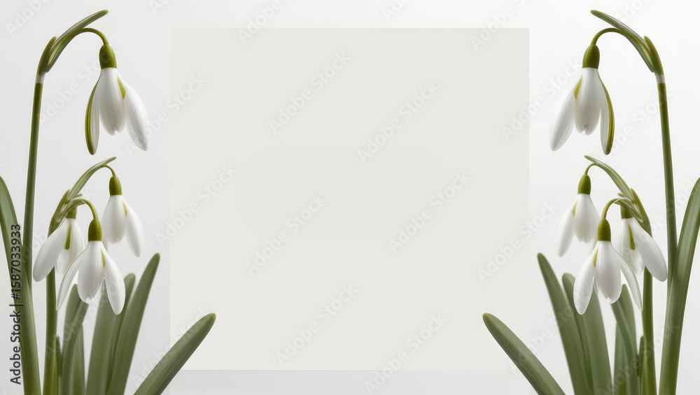Elegant Snowdrop Flower Frame with Copy Space, Springtime Floral Border for Text, Greeting Card Design Elegant Snowdrop Flower Frame with Copy Space, Springtime Floral Border for Text, Greeting Card Design