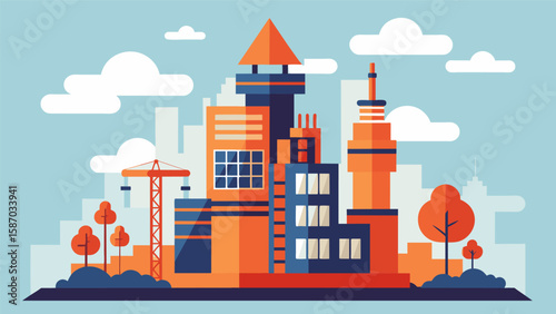 The completed construction project stands tall and proud a testament to the capabilities of 3D printing and its ability to transform the way we build.. Vector illustration