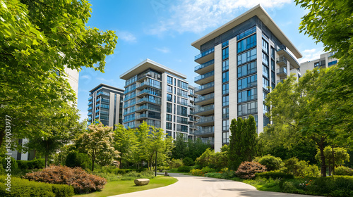 Urban Apartment Buildings Surrounded by Greenery with Pathway Landscape Architecture