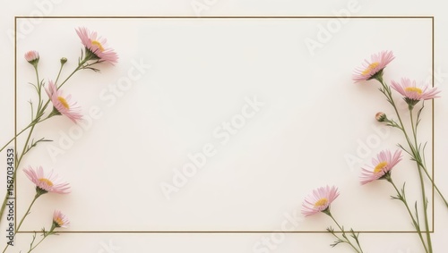 Elegant floral frame with light pink aster flowers and a golden border, perfect for invitations and announcements with ample copy space