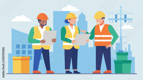 Three inspectors discussing and reviewing blueprints at a construction site making sure the plans align with local building codes before construction. Vector illustration