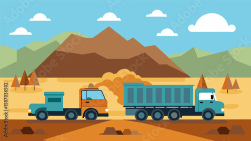 Large trucks hauling in clean fill dirt to level and stabilize the land creating a solid foundation for future construction.. Vector illustration