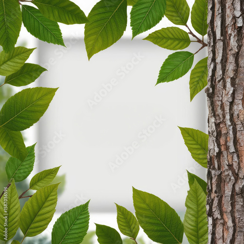 Nature-Inspired Frame: Green Leaves and Tree Bark Bordering a Blank White Space for Text or Design