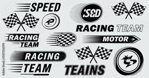 Car racing vector collection in black and white with speed lines, checkered flag templates, sport automotive icons, and race-inspired artwork for motorsport branding and design