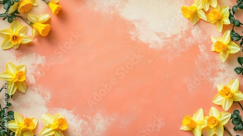 Spring Daffodils on Coral and Cream Background with Copy Space