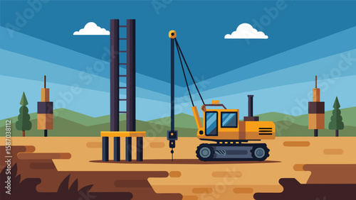 The pile driver forcefully driving a large steel pile deep into the ground creating a solid foundation for a building.. Vector illustration