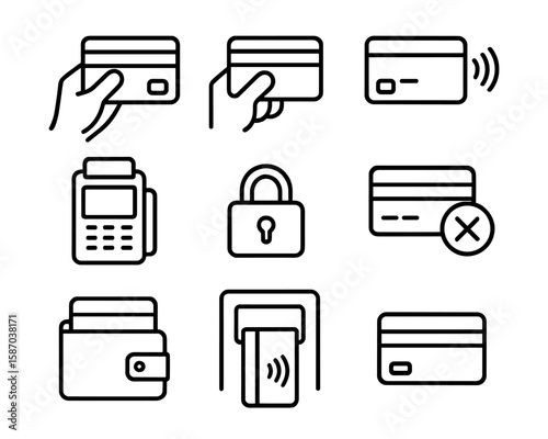 Set of outlined icons related to credit cards, transactions, and security. Includes cards in hand, card readers, lock, wallet, and decline symbol. Clean and modern line style.