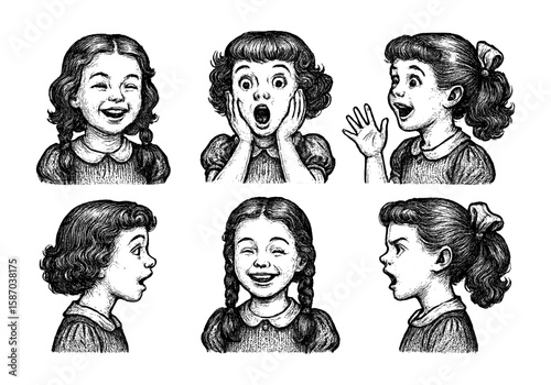 Collection of detailed vintage-style illustrations of young girls expressing various emotions such as joy, surprise, laughter, and curiosity. Engraved hand-drawn technique in black and white.