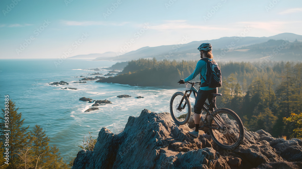 Obraz premium Mountain Biking Adventure: Outdoor Travel and Nature Exploration in a Coastal Landscape Scenic View