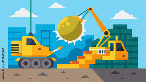 Heavy machinery including a wrecking ball and bulldozer being used to demolish a reinforced concrete wall.. Vector illustration