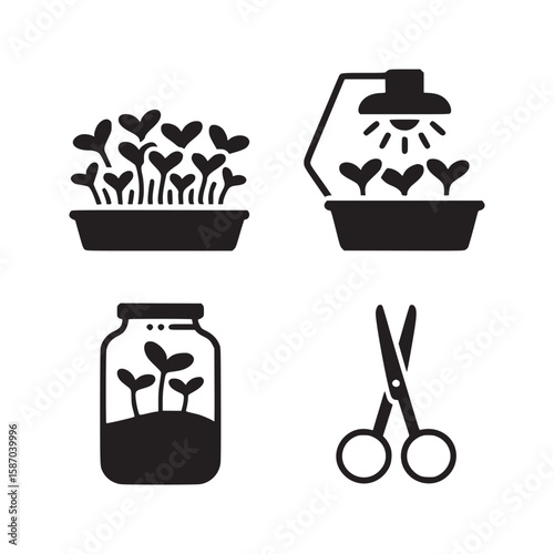 Illustration showing sprouts in containers, a jar, and scissors in a black and white style