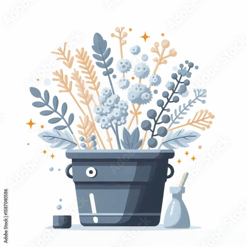 Illustrated gray bucket filled with blue  tan plants featuring a small bottle and cup nearby all on a white background