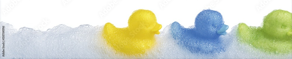 Playful flat lay of three colorful mini rubber ducks in bubbly foam Playful flat lay of three colorful mini rubber ducks in bubbly foam