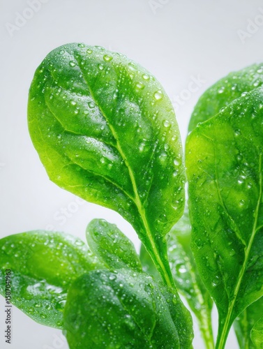 Macro view of dew covered spinach leaves growing in high fidelity