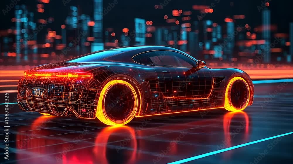 Futuristic electric car on a glowing digital road at night.  The vehicle's chassis and wheels are outlined with glowing network lines, reflecting in a digital pavement. 