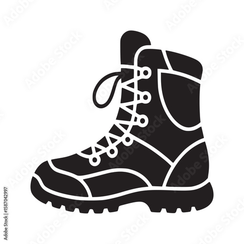 Isolated black silhouette of a high laced boot with a thick sole and reinforced ankle protection design