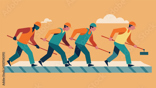 The team of workers move with practiced efficiency quickly and skillfully laying the rebar in the designated areas.. Vector illustration