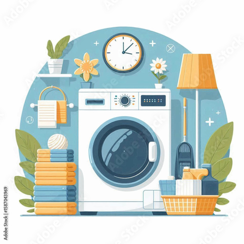 Laundry scene featuring a washing machine plants and various cleaning supplies