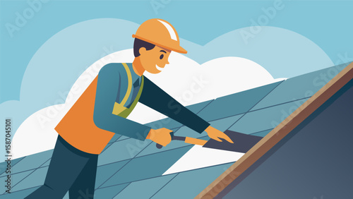 A worker using a specialized tool to smoothly seal and secure the edges of shingles.. Vector illustration