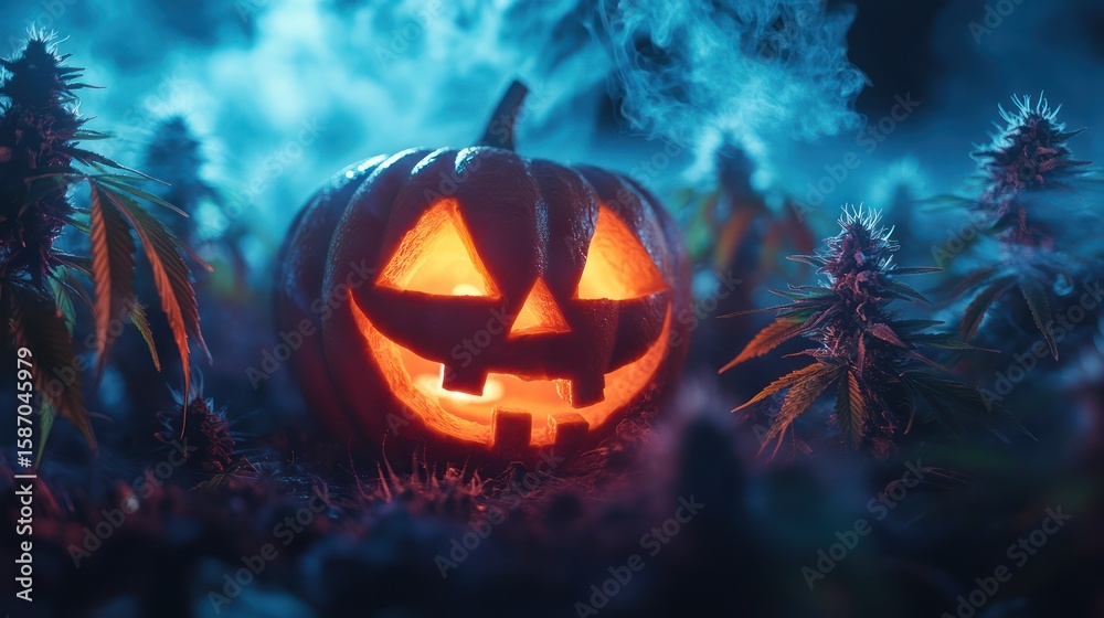 Naklejka premium Glowing Jack-o'-lantern in cannabis field, Halloween night, smoky background, holiday concept