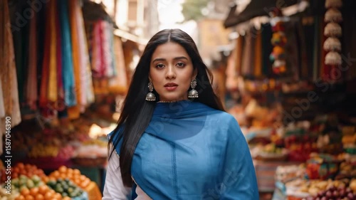 Wallpaper Mural A young woman in a blue scarf confidently walks through a vibrant market filled with colorful fruits and textiles, capturing the essence of local culture and daily life Torontodigital.ca