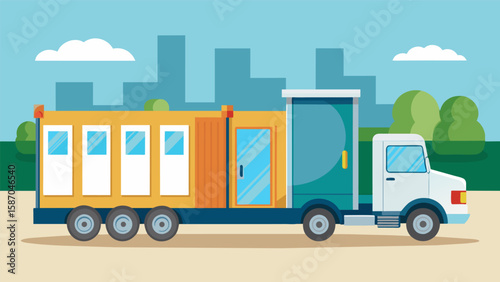 The truck is carrying prefabricated bathroom units complete with sinks showers and s destined for the designated restroom areas on the construction. Vector illustration