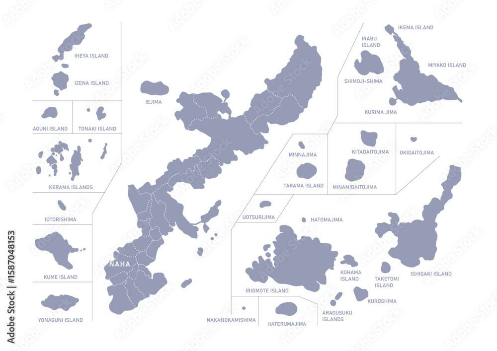 Fototapeta premium グレー色の日本地図, 沖縄県の行政区分付き地図, Gray colored map of Japan, Okinawa prefecture