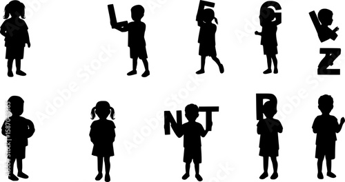 Black silhouette of children holding letters. ABC learning concept