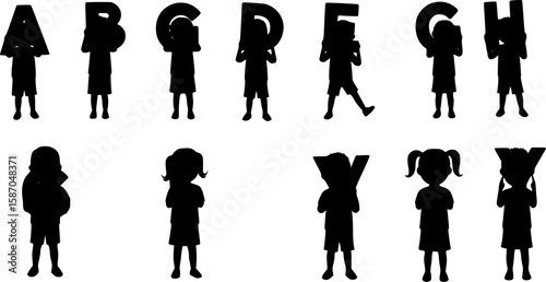Black silhouette of children holding letters. ABC learning concept