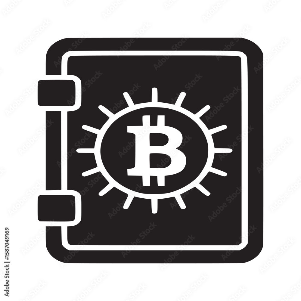 A black safe box with a white bitcoin symbol on the front against a light gray background plain design A black safe box with a white bitcoin symbol on the front against a light gray background plain design