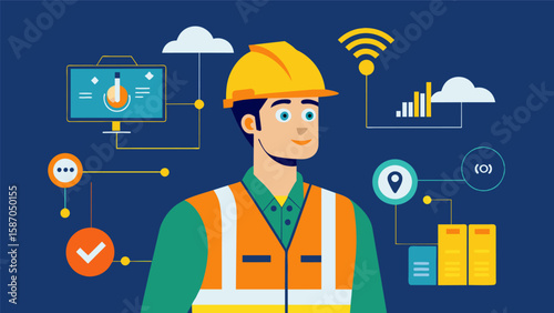 A worker wearing a safety vest equipped with sensors providing realtime data on their location and vital signs to ensure their safety.. Vector illustration