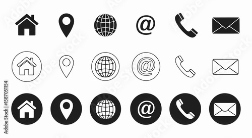 Contact Icons Essential Communication Symbols for Website & Digital Design featuring address, phone, and email details.