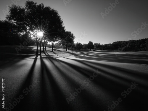 Majestic Sunrise Over Golf Course Trees with Long Shadows