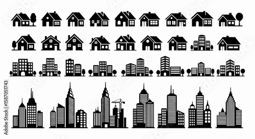 Black and White Silhouette of Houses, Buildings and Skyscrapers, a Design Concept