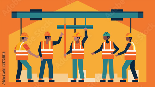 Hardworking laborers clad in bright orange vests work tirelessly to ensure that the steel beams are installed accurately and safely.. Vector illustration
