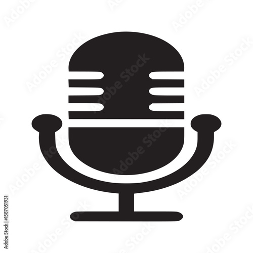 A simple black and white graphic illustration of a classic microphone on a white background space